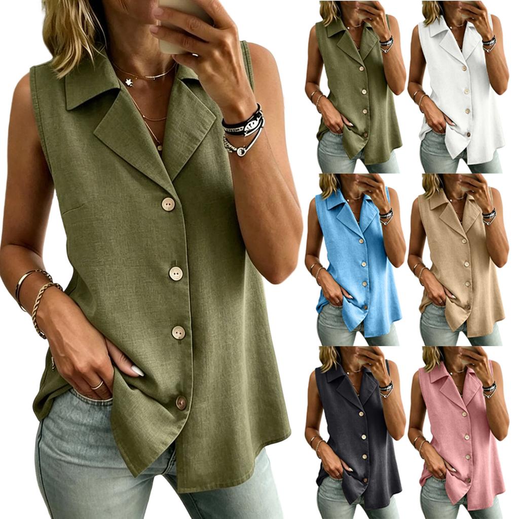 Women's Color V-neck Sleeveless Vest Top Button Inch Shirt