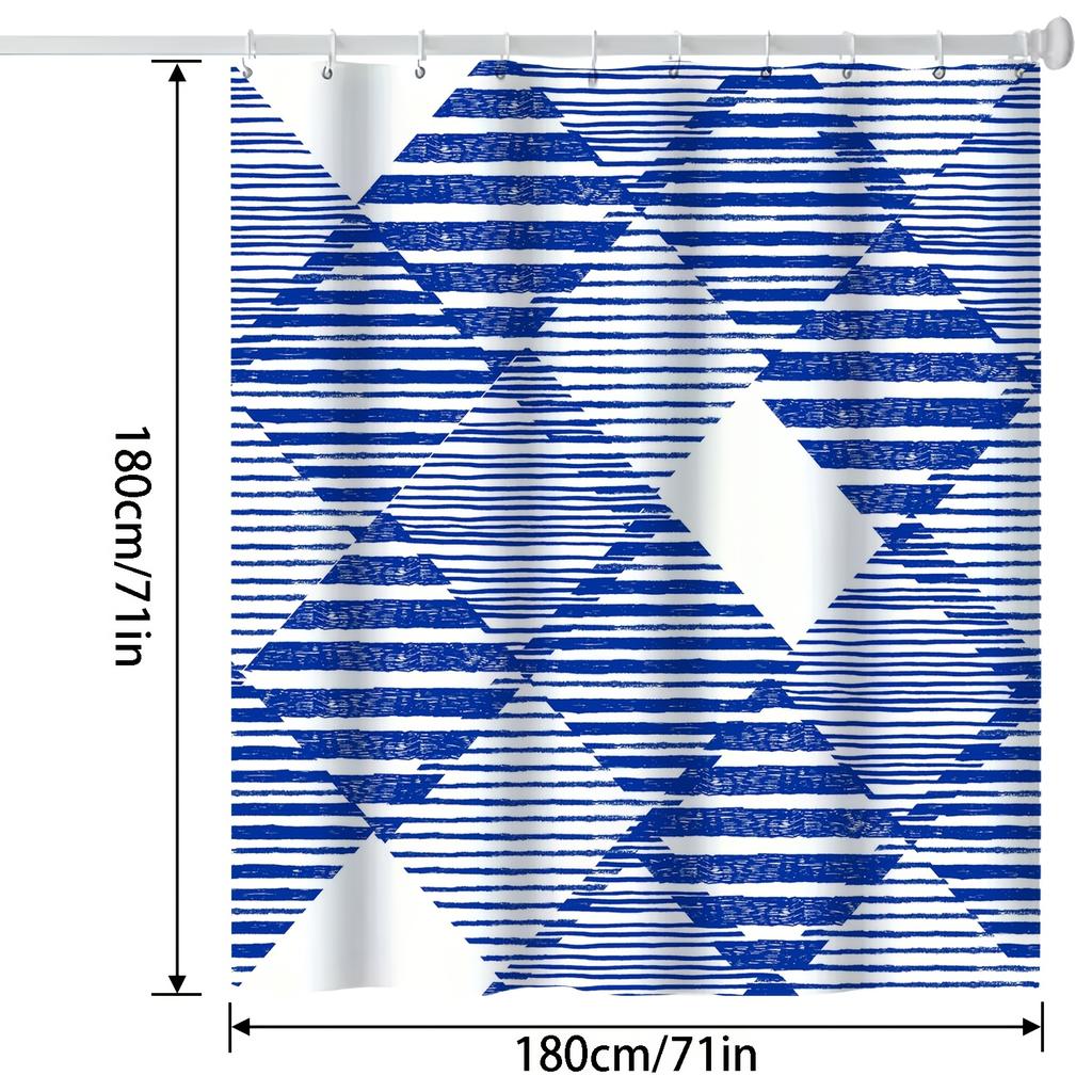 Modern Nordic Geometric Stripe Shower Curtain - Blue & White, Polyester Fabric, Includes Hooks, All-Season Bath Decor