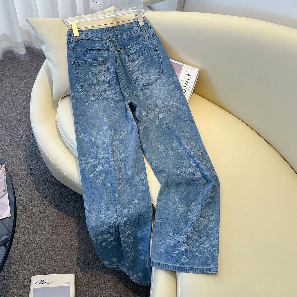 Women's High Waist Retro Blue Jacquard Straight Leg Jeans - 2025 Autumn Collection