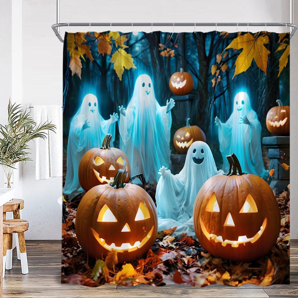 White Ghost Halloween Spectre Shower Curtain Pumpkin Lanten Spooky Happy Halloween Bathroom Decor Polyester Fabric Bath Curtain