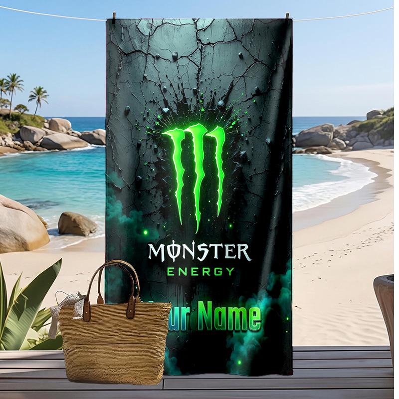 Asciugamano da Spiaggia Personalizzato Monster Energy, Stampa il Tuo Nome Testo Asciugamano Leggero Assorbente per Nuoto Viaggio