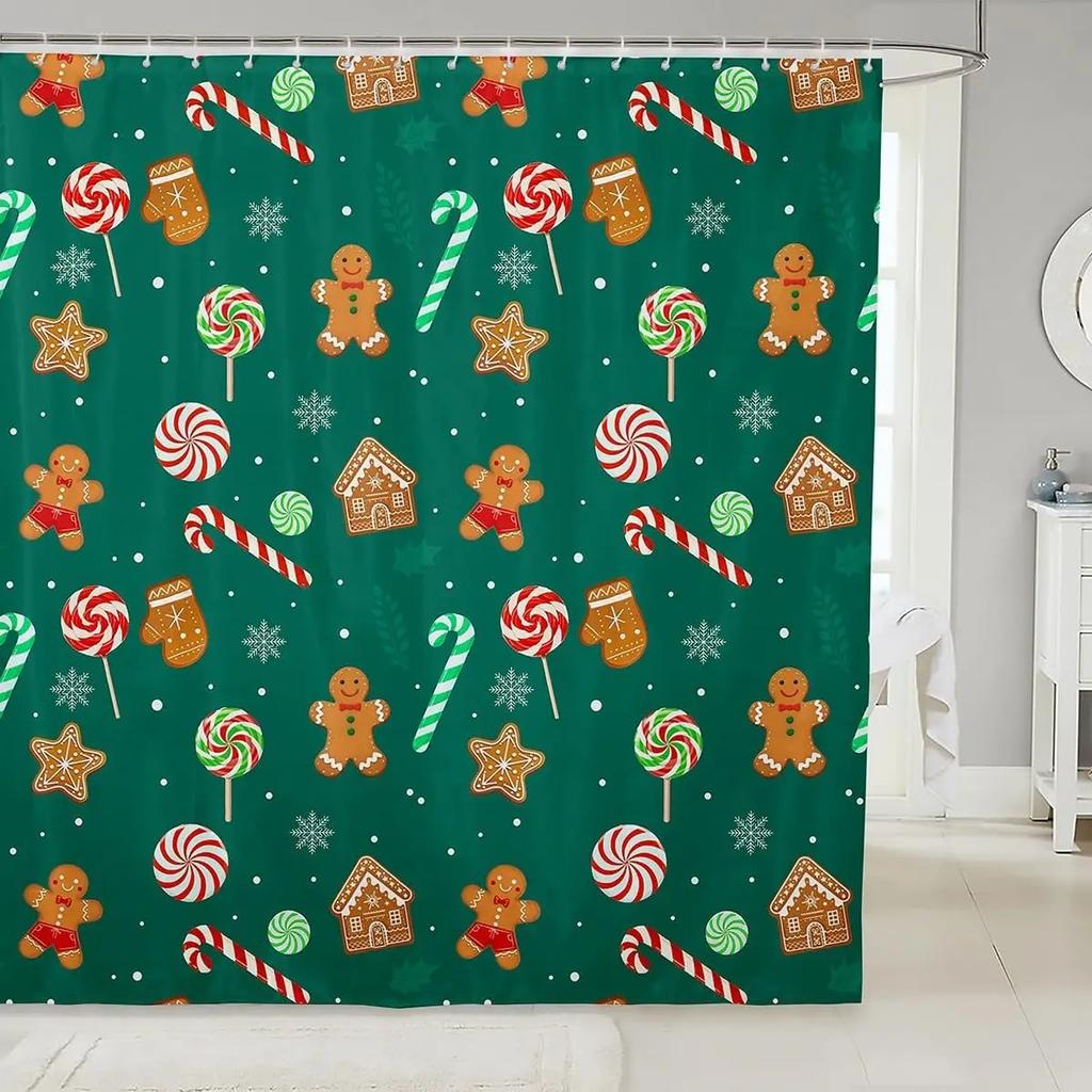 Merry Pink Christmas Shower Curtain,Cartoon Gingerbread Man Bathroom Curtain,Snowflakes Candy Fabric Shower Curtains,Happy New