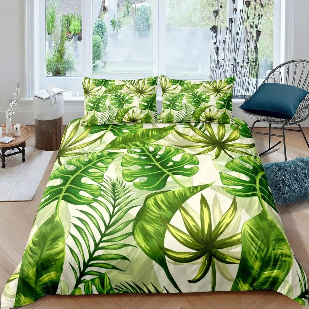 Leaf Duvet Cover Set Romantic Holiday Island Hawaiian Banana Trees Bedding Set Double Queen King Full Size Polyester Qulit Cover