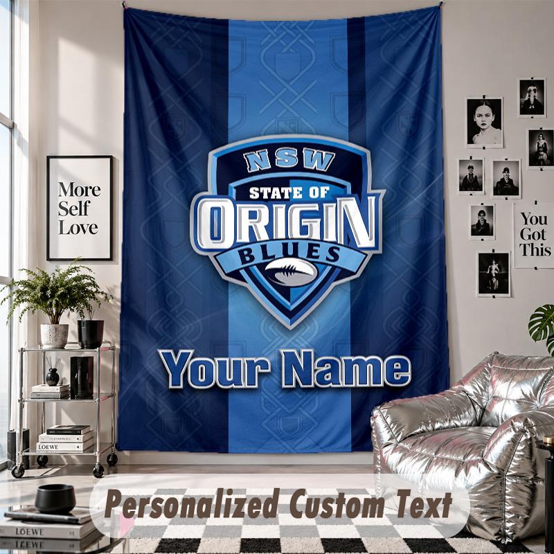 Wall Hanging Tapestry With Custom Name & Text, NSW Blues Logo Decorative Tapestry For Bedroom