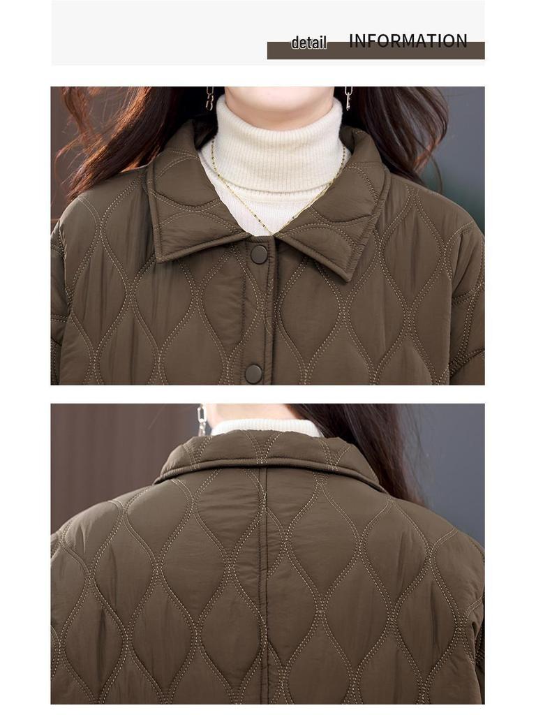 Women's Retro Argyle Cotton Mid-Length Winter Coat - Loose Casual Lapel Jacket