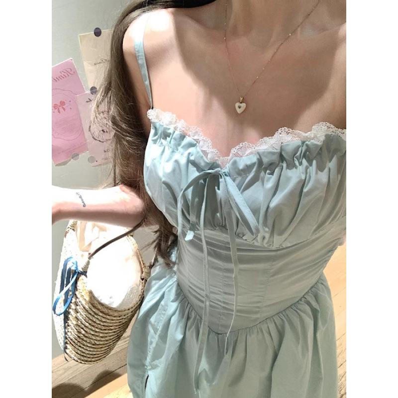Mint green sexy halter strap suspender dress women s summer seaside vacation waist temperament long skirt S