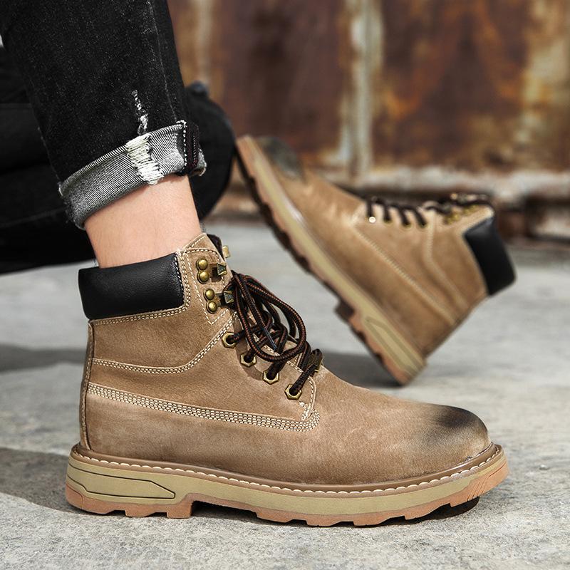High-Top Rhubarb Boots, First-Layer Pigskin Martin Boots, Men'S Outdoor Tooling, Velvet Thermal Men'S Shoes