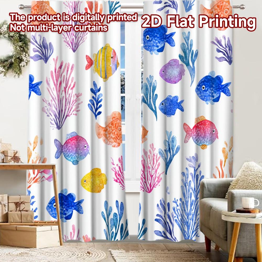 2pcs, 2D FLAT PRINTING Curtains (Without Rod) Ocean Fauna Christmas Festival Chic Print Curtains Yarn Curtains Room Decor