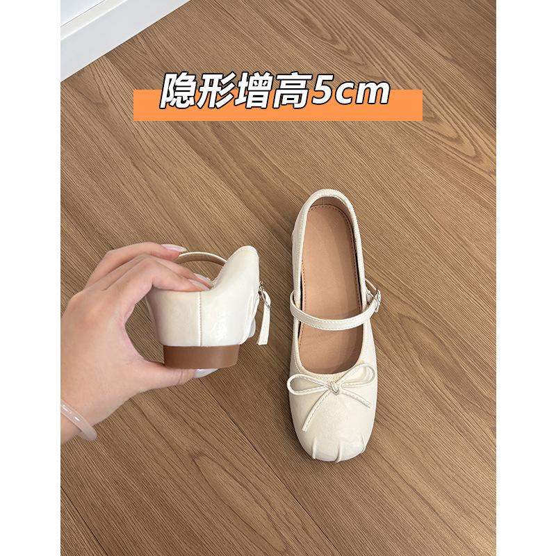 Silver Inner Height Increase 5cm Shallow Mouth Single Shoes Women's Bow Mary Jane Shoes French Ballet Shoes