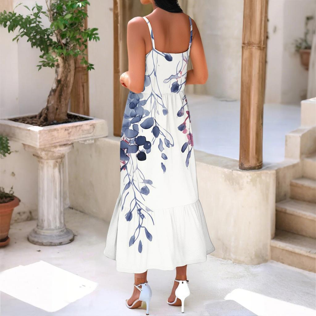 Dámské dlouhé plážové ležérní elegantní maxi šaty na špagetová ramínka s květinovým vzorem, decentní splývavé bohémské šaty