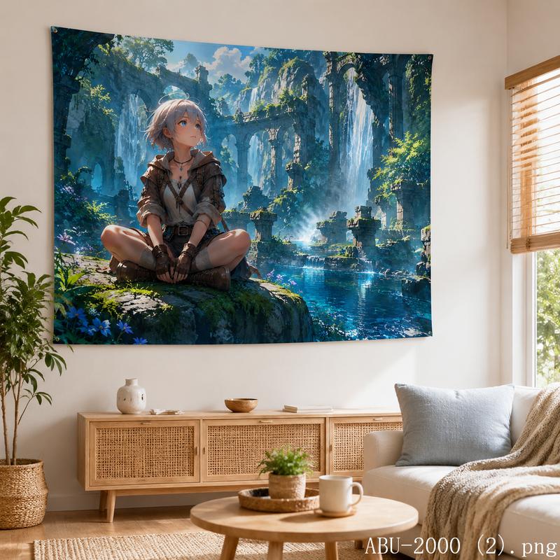 Forest Girl Cute Cartoon Aesthetic Tapestry Cure Landscape Cartoon Wall Hanging Anime Bedroom Dormitory Home Decoration