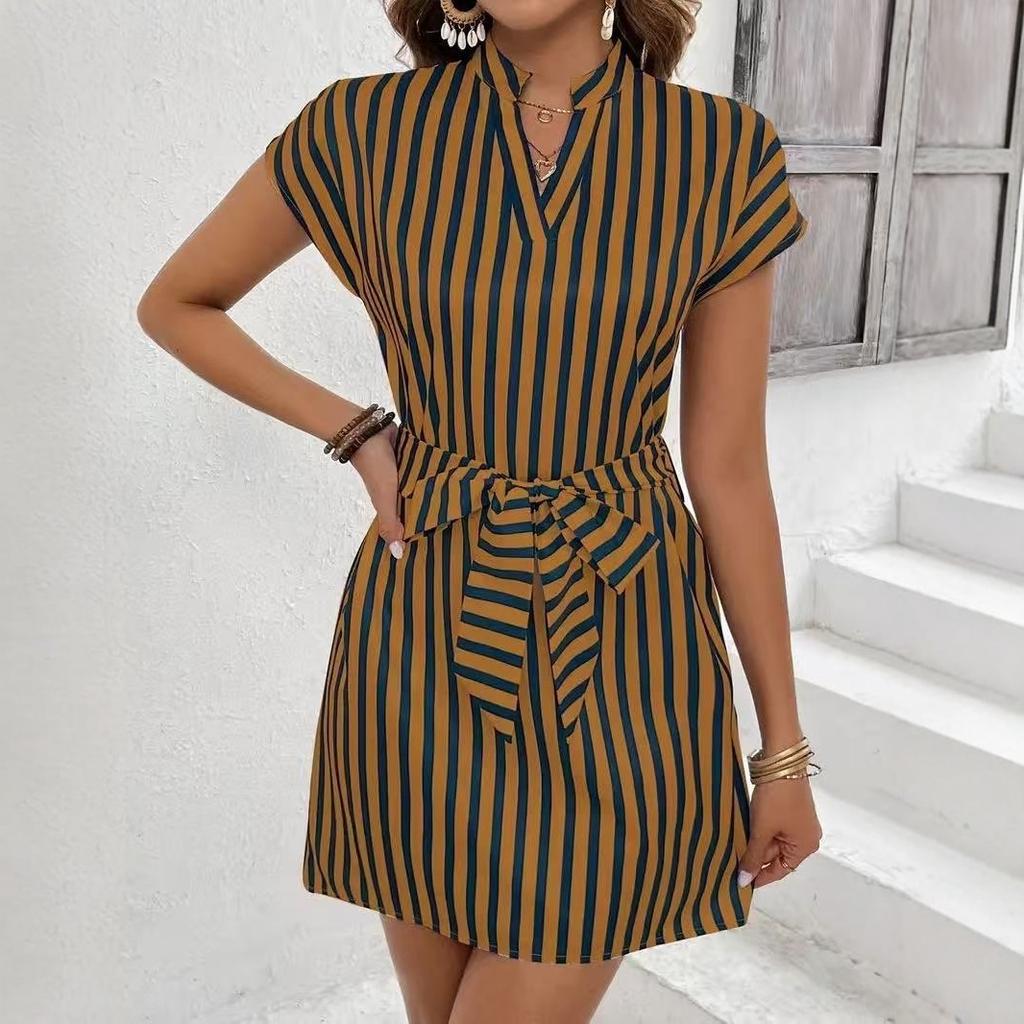 2026 Cross-border Independent Station Amazon 3D Printing European and American Women's Clothing Sleeveless Striped Lace-up V-neck Dress Vacation