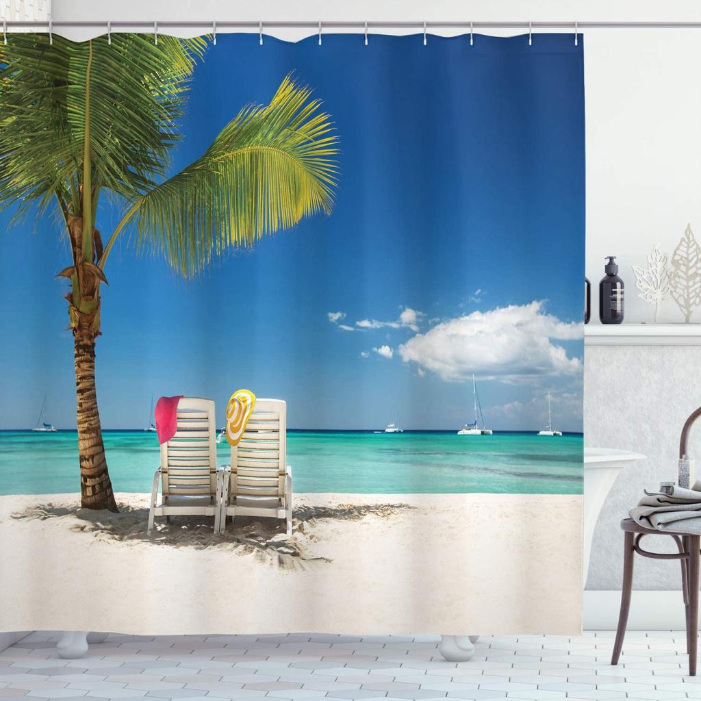 Palm Trees Beach Shower Curtains Sea Waves Island Vacation Hawaii Nature Scenery Summer Fabric Bathroom Decor Bath Curtain Hooks