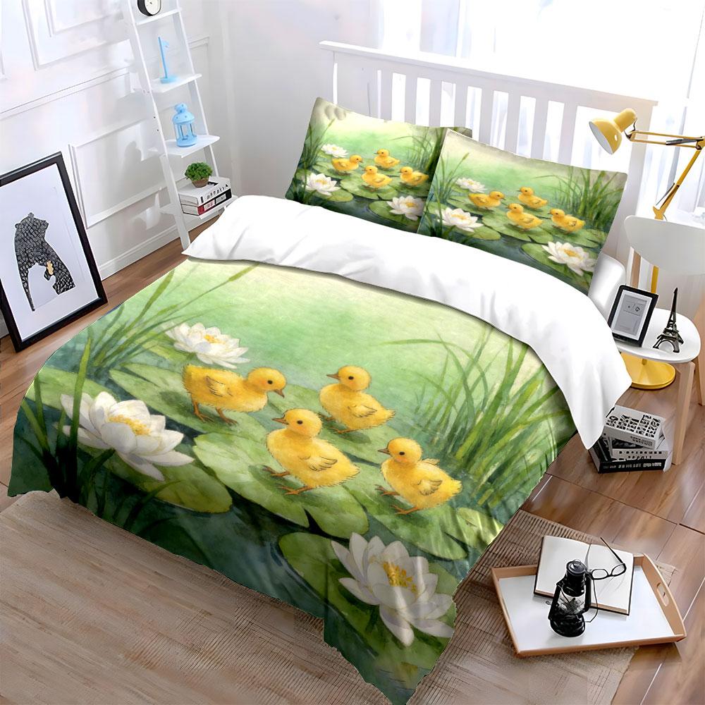 Ducklings Pond Decorative Artwork Set Soft Comfortable Duvet Cover Bedding Set Included 1*Duvet Cover & 2*Pillowcases, Gift