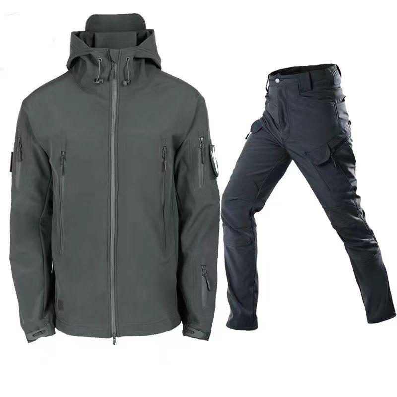Military Shark Skin Soft Shell Suits Men Tactical Windproof Waterproof Jacket Men Army Combat Pants+ Mens Hooded Camping Coats