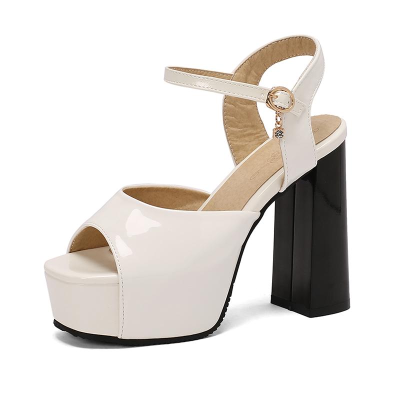 Plus Size Smooth Glossy Patent Leather Peep Toe Sandals With Platform Ultra-High Thick Heel Ankle Buckle Women's Sandals