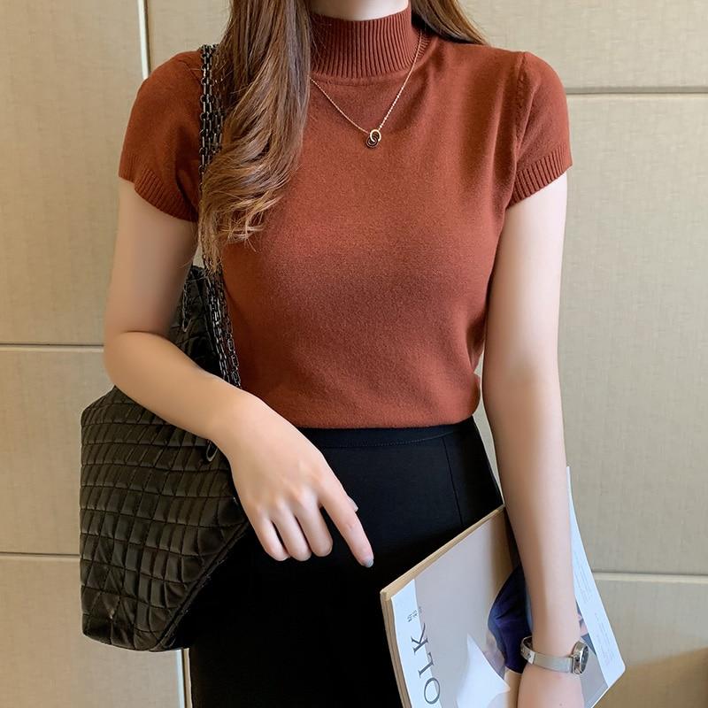 2023  Casual Knitted Women Tops Women Clothing Blusas Summer Solid Slim Turtleneck Blouse Fashion Chic Korean Clothes 8622
