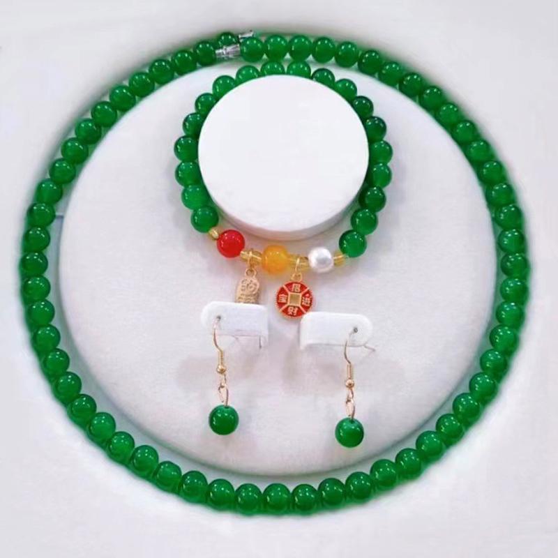 3Pcs Vintage Simple Imitation Jade Necklace Bracelet Earrings Jewelry Set For Women Temperamen Banquet Accessory