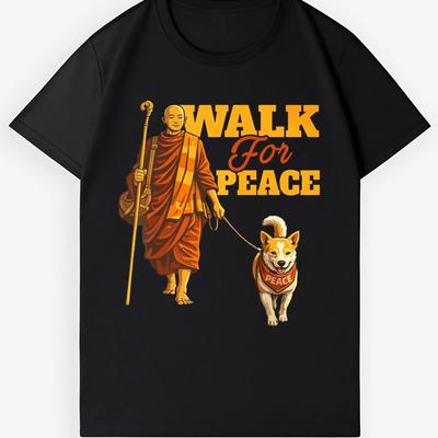 Unisex Graphic Print Cotton T-Shirt Monk & Shiba Inu "Walk For Peace" Casual Top
