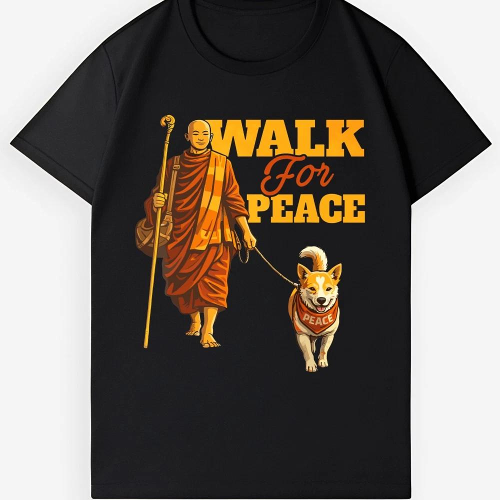Unisex Graphic Print Cotton T-Shirt Monk & Shiba Inu Walk For Peace Casual Top 4XL