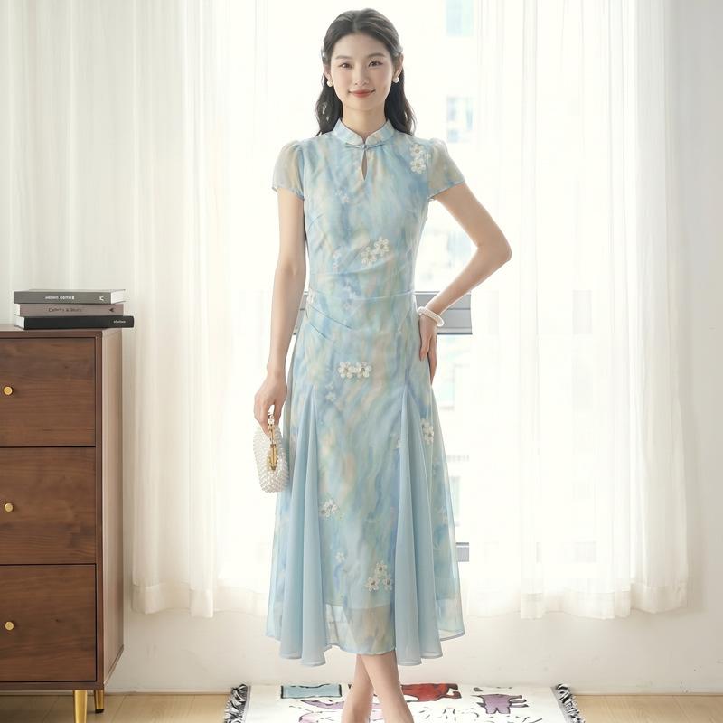 [Spot] Summer new new Chinese stand-up collar embroidery gentle temperament medium and long retro dress women's dress