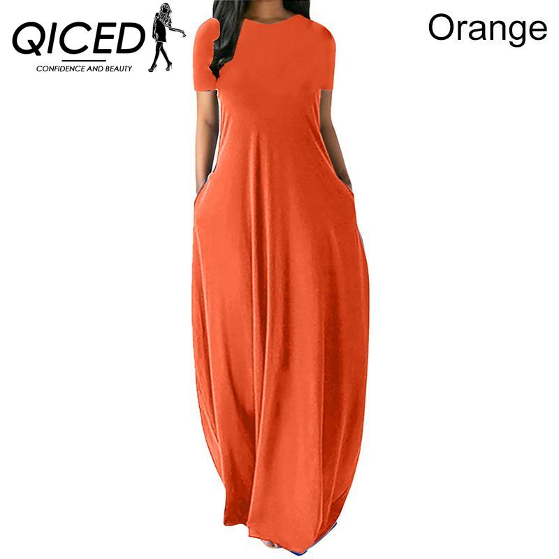 

QICED Женское повседневное свободное длинное платье с круглым вырезом и коротким рукавом, летнее пляжное платье, элегантное вечернее платье M оранжевый