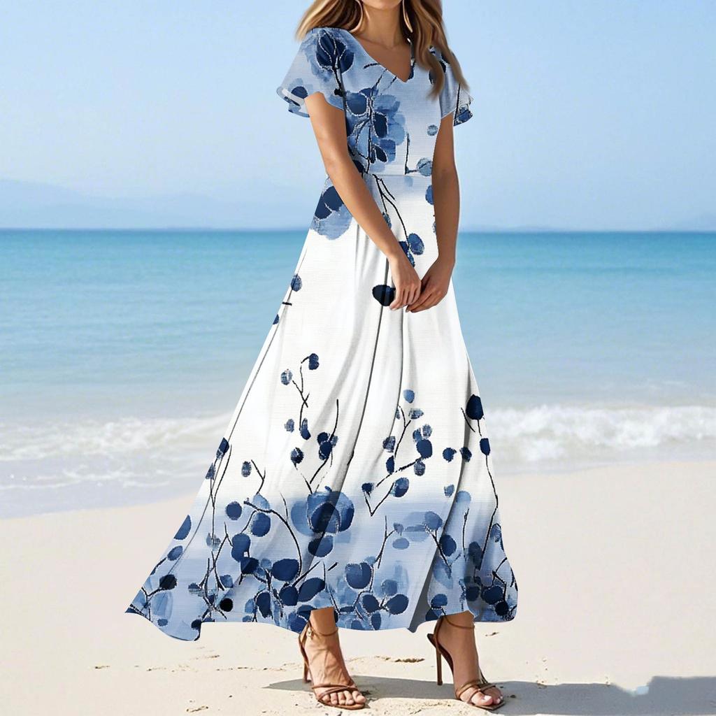 Women's Casual Fashion Print Long Dresses V-Neck Short Sleeve Dresses