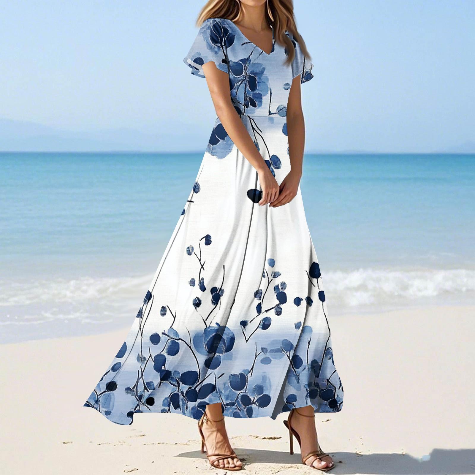 Women s Casual Fashion Print Long Dresses V-Neck Short Sleeve Dresses L синий