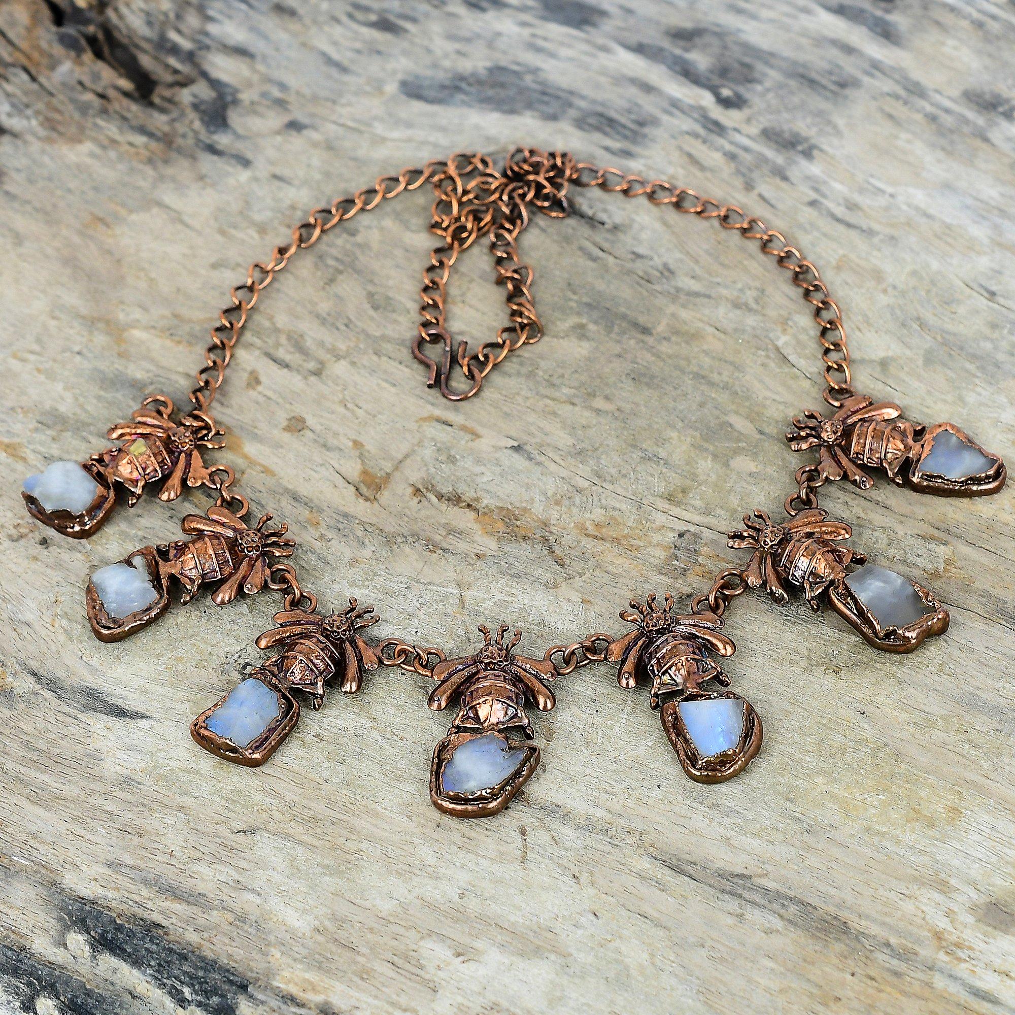 

Rainbow moonstone rough necklace electroformed copper adjustable chain necklace handmade gemstone jewelry honey bee necklace gifts for wife Adjustable