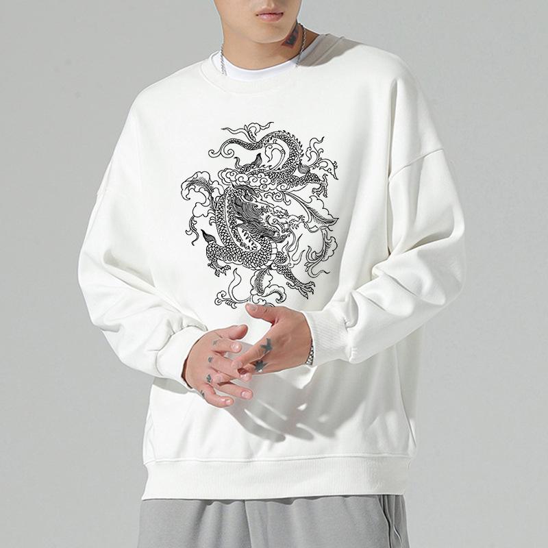 Kaiserlicher Fünfkrallen-Drachen Tuschemalerei Hoodie: Chinesischer Stil Langarm Tiger Muster für Herren