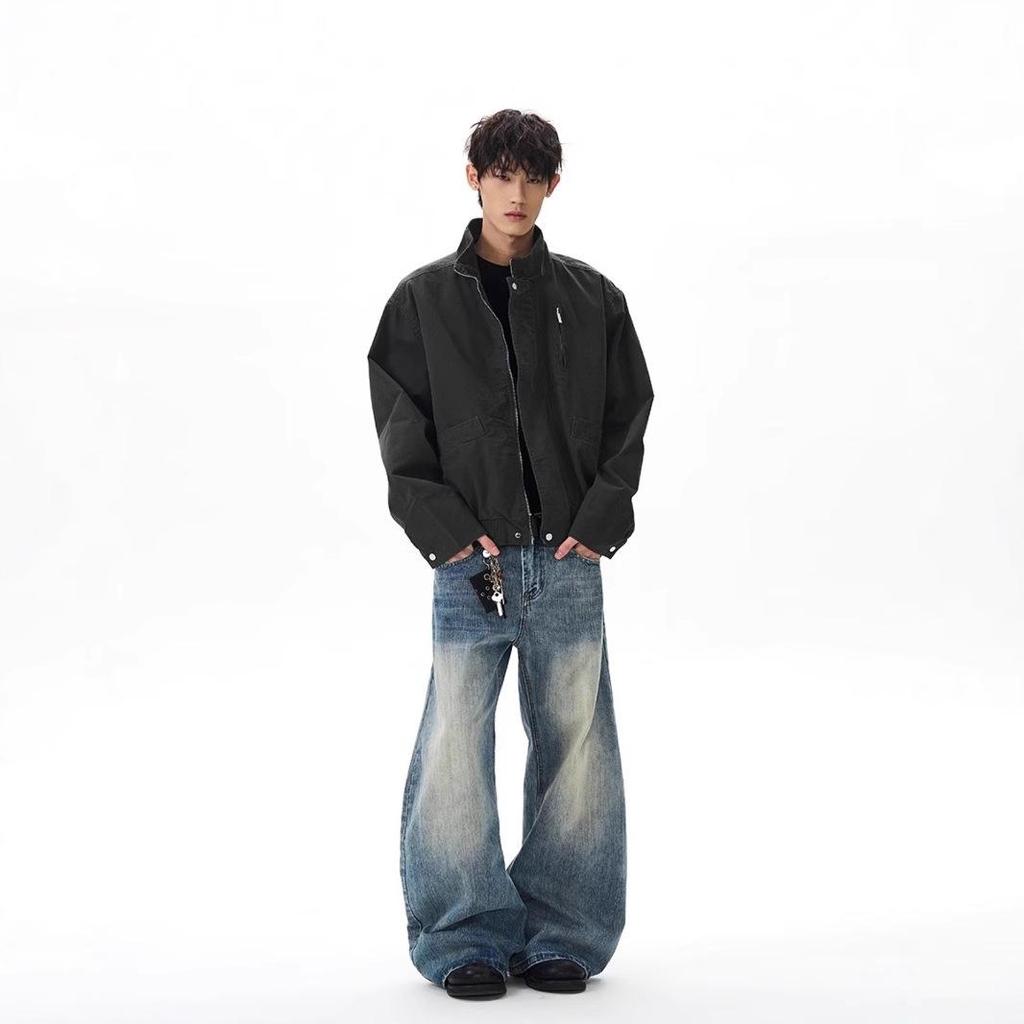 Unisex American Retro Canvas Bomber Jacket - Washed & Distressed Stand-Up Collar