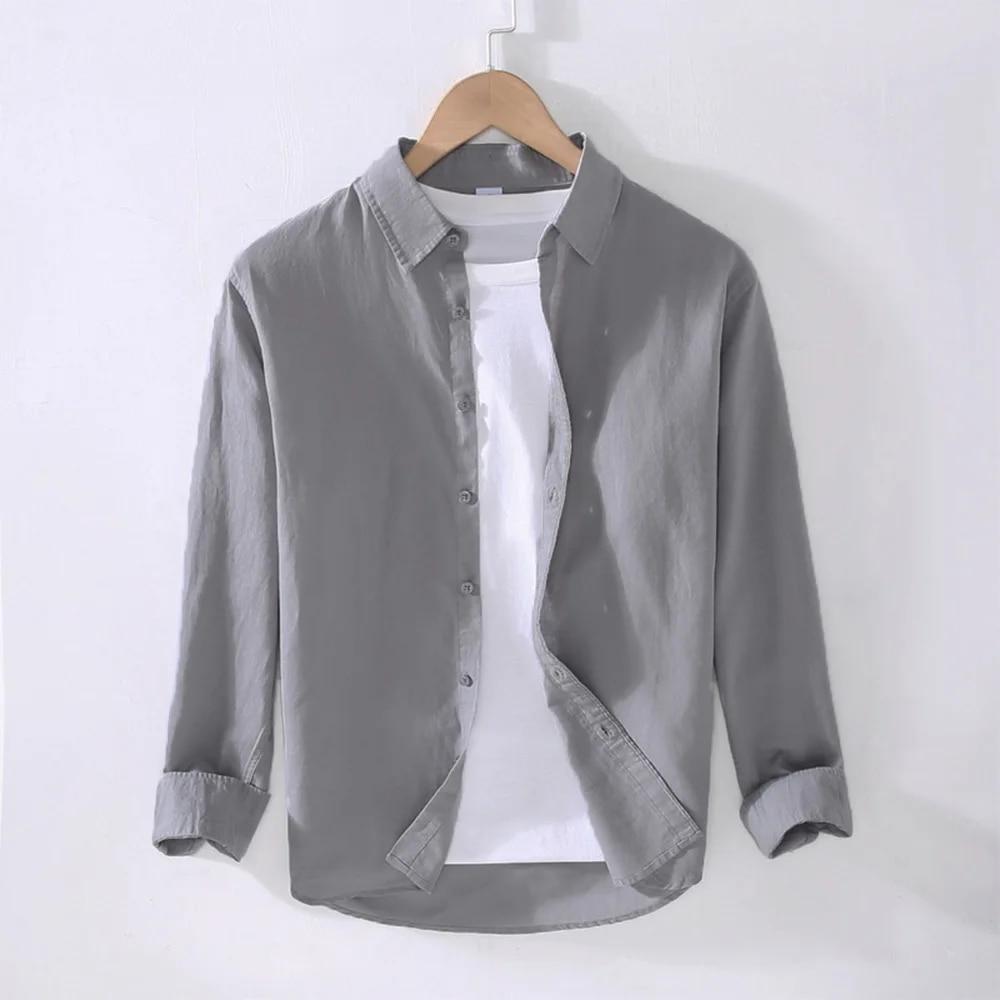 Autumn New Men's Shirt Cotton Linen Cozy Tops Men Casual Turn Down Collar Beach Shirt Male Long Sleeve Solid Hawaiian Shirts