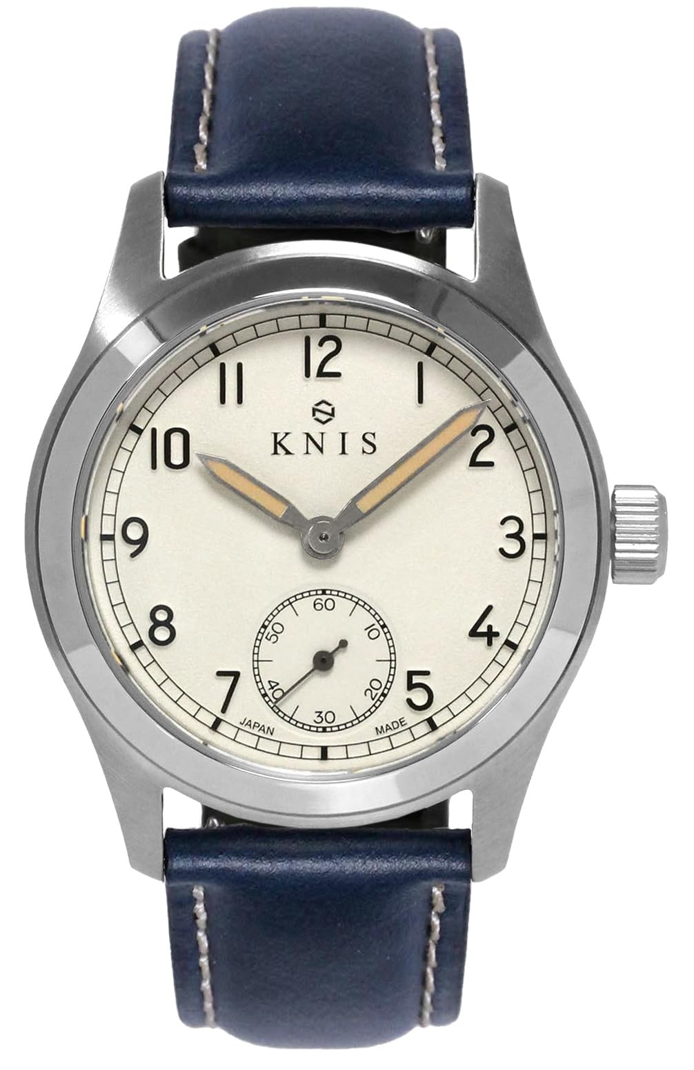 

KNIS Men s Retro Military Watch, Made in Japan, Sapphire Crystal, 10 ATM Water Resistance, Off-White Dial, Navy Leather, KN003-WHNVLE