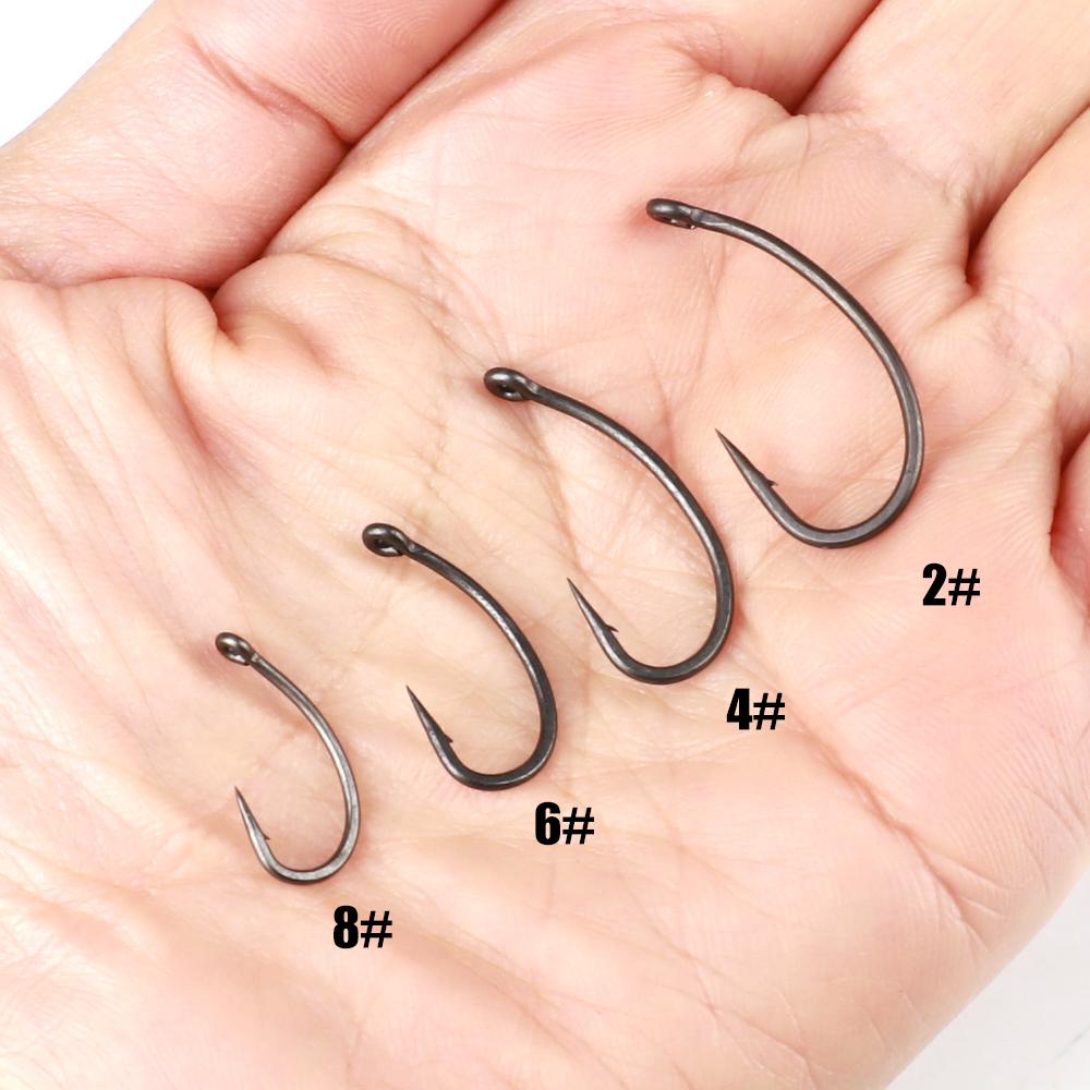 FTK 30 Stück Widerhaken Karpfen Grob Geöster Angelhaken, Erhältlich in Teflonbeschichtet Gebogenem Schenkelhaken und Weitmaulhaken Größe 2, 4, 6, 8
