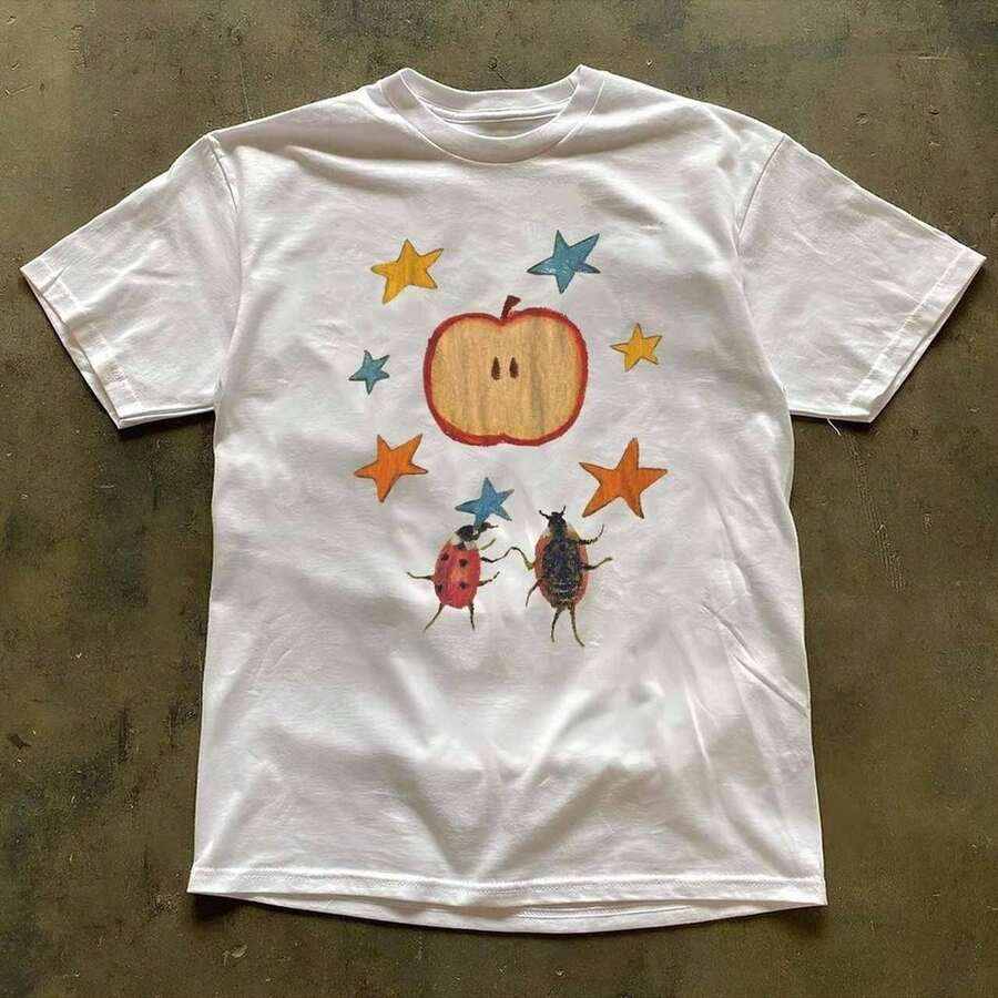 Women Unisex Vintage Washed Streetwear Tops 1Pc Oversized Crew Neck Cute Cartoon Apple Ladybug Star Print Soft Casual Short Sleeve Tees