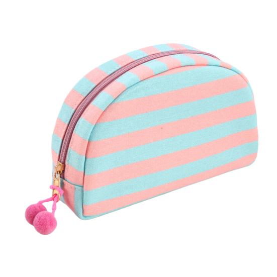 Gestreifte Muschel Kosmetiktasche Canvas Reise Make-up Organizer Tragbare Niedliche Make-up Tasche mit Pompoms für Frauen Mädchen Toilettenartikel
