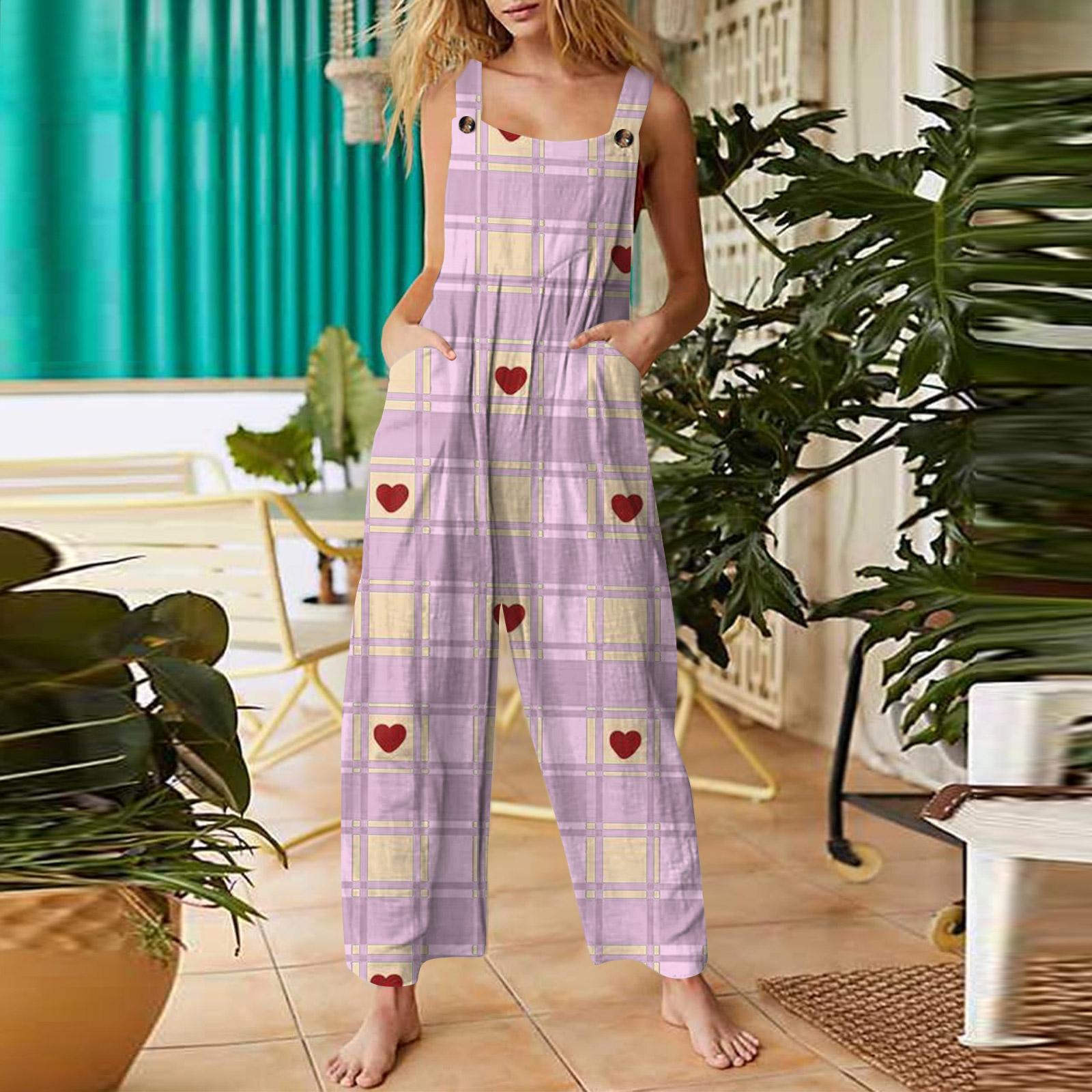 

Women s Valentine s Day Printed Casual Loose Retro Cotton Linen Overalls With Pockets XXL рожевий