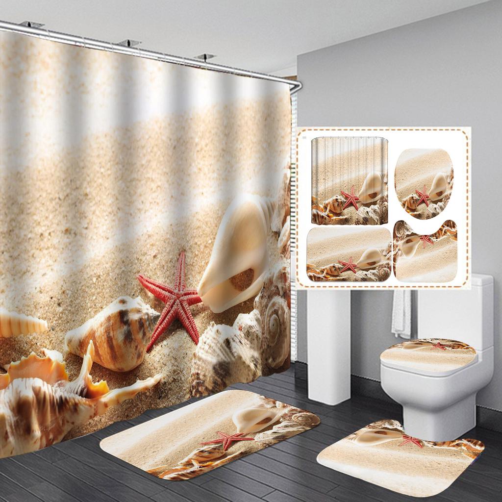 4ks Beach Starfish Series Sady sprchových závěsů do koupelny Protiskluzové Koupelnové koberečky Víko WC Kryt Koupelnová předložka