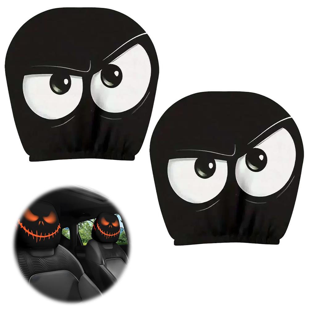 2PCS Funny Halloween Car Headrest Cover Decor Big-eyed Cartoon Print Headrest Cover Creative Car Seat Headcover
