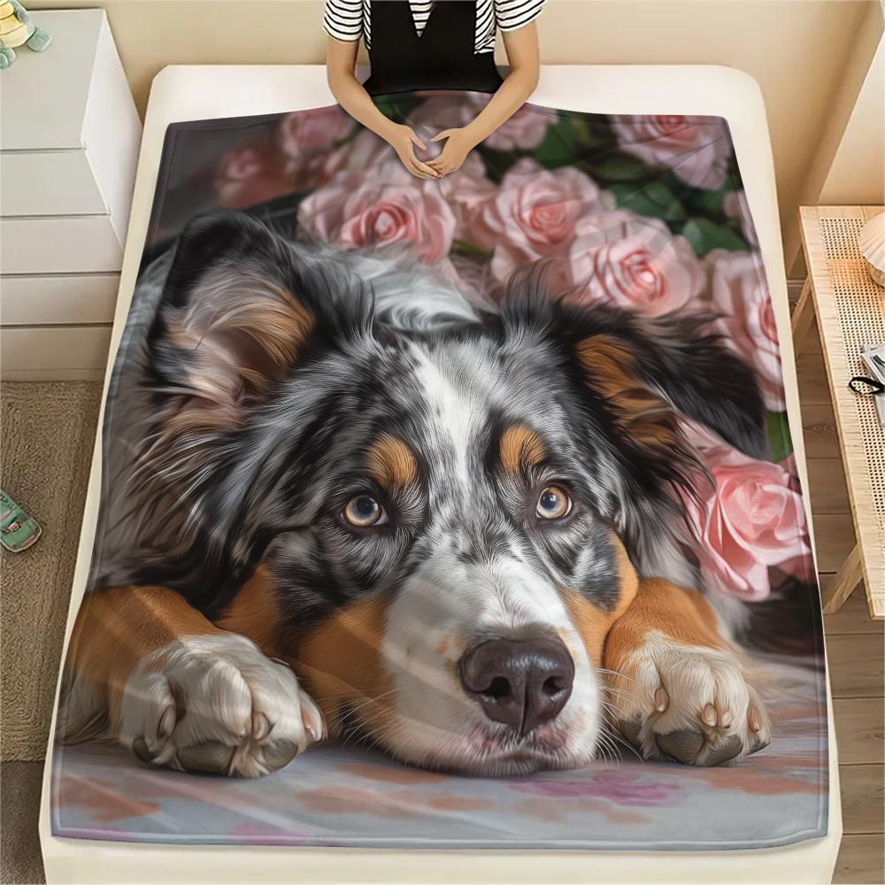 Australian Shepherd and Roses,pattern Flannel Blanket, High quality Comfortable for All Seasons, Home Decor, Warmth and Comfort, Perfect for Gifts.