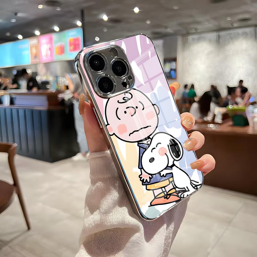 Cute Cartoon S-SnoopyS Phone Case For IPhone 17 Pro Max 15 Pro 16 14 Plus 12 13 Mini 11 Pro Shockproof Electroplated Glass Cove