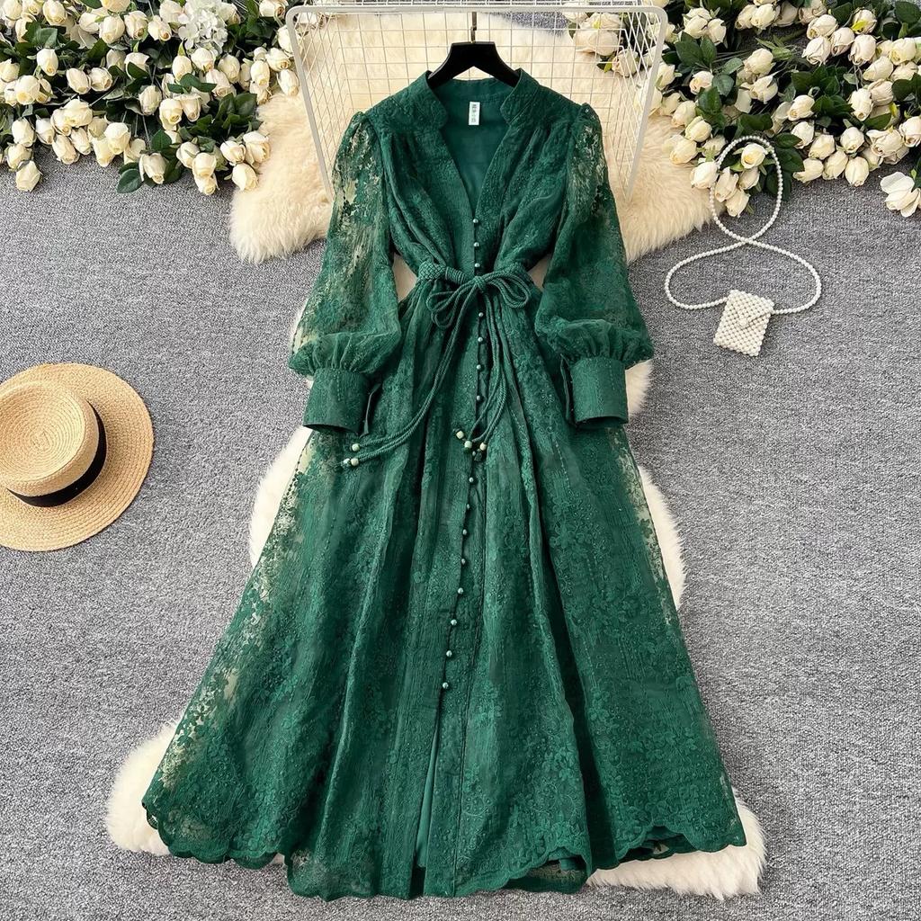 France Vintage Embroidery Formal Dresses Women Summer Autumn Lantern Long Sleeve Lace Pearl Prom Evening Birthday Party Dress