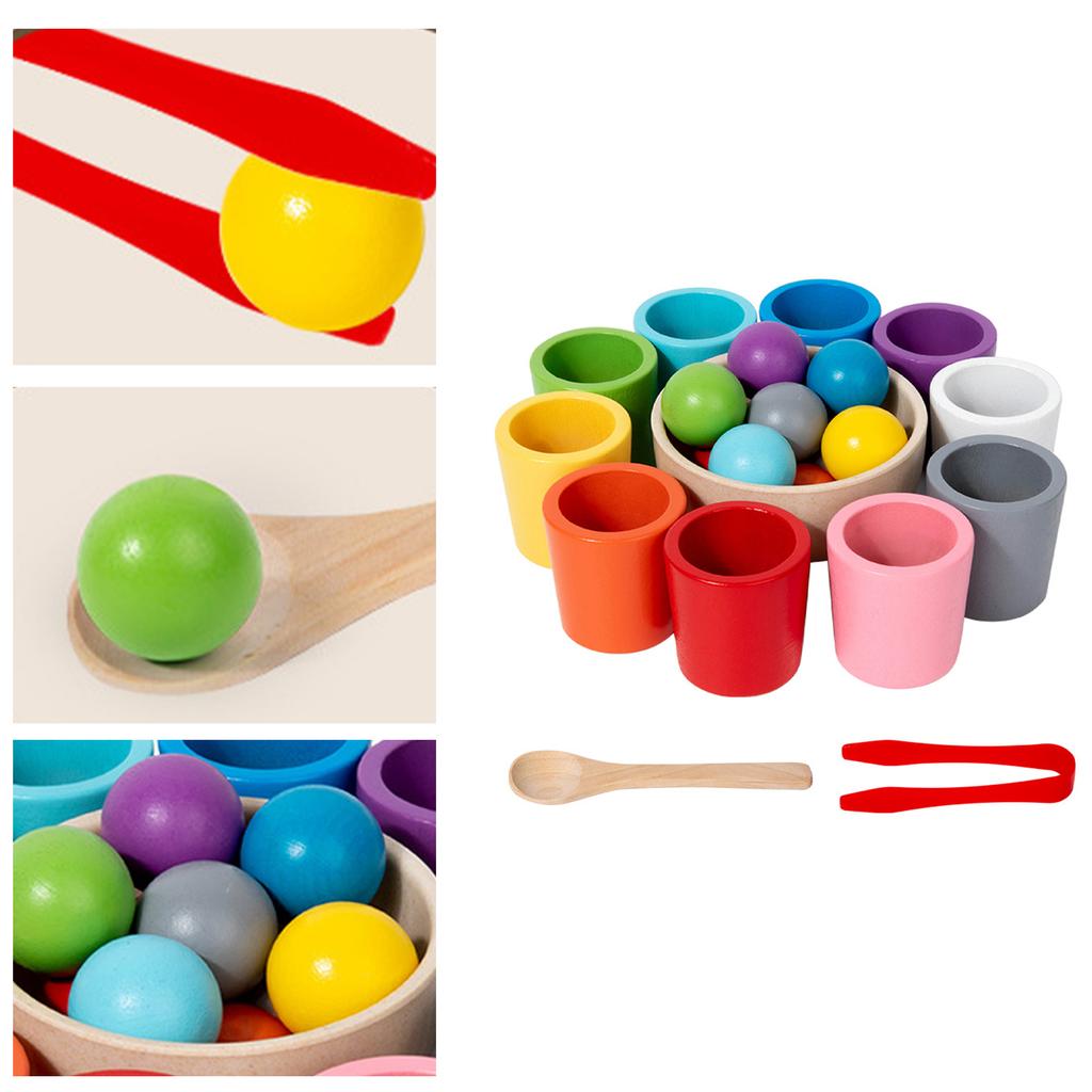Montessori Color Sorting Play with Spoon & Tongs Colorful Cups and Balls Sorting Toy Wooden Sorting Stacking Toys for Toddlers