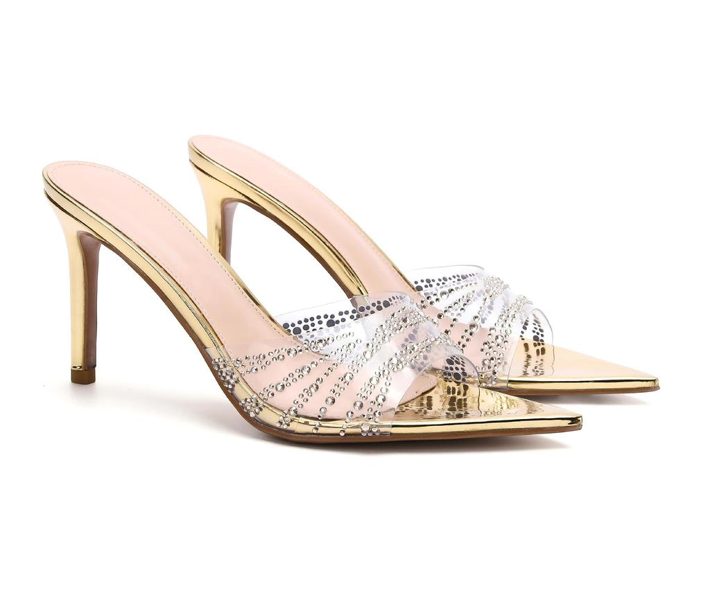 Women's High Heeled Slippers Outside Simple Transparent Slippers Thin Heel Pointed High Heeled Sandals Women Rhinestone Slippers