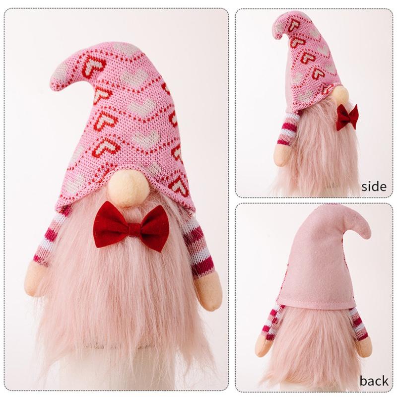 Pink Heart Plush Doll 22cm Valentine's Day Decoration Couple Figurine Gift with Red Bow Soft Stuffed Toy for Romantic Home Decor
