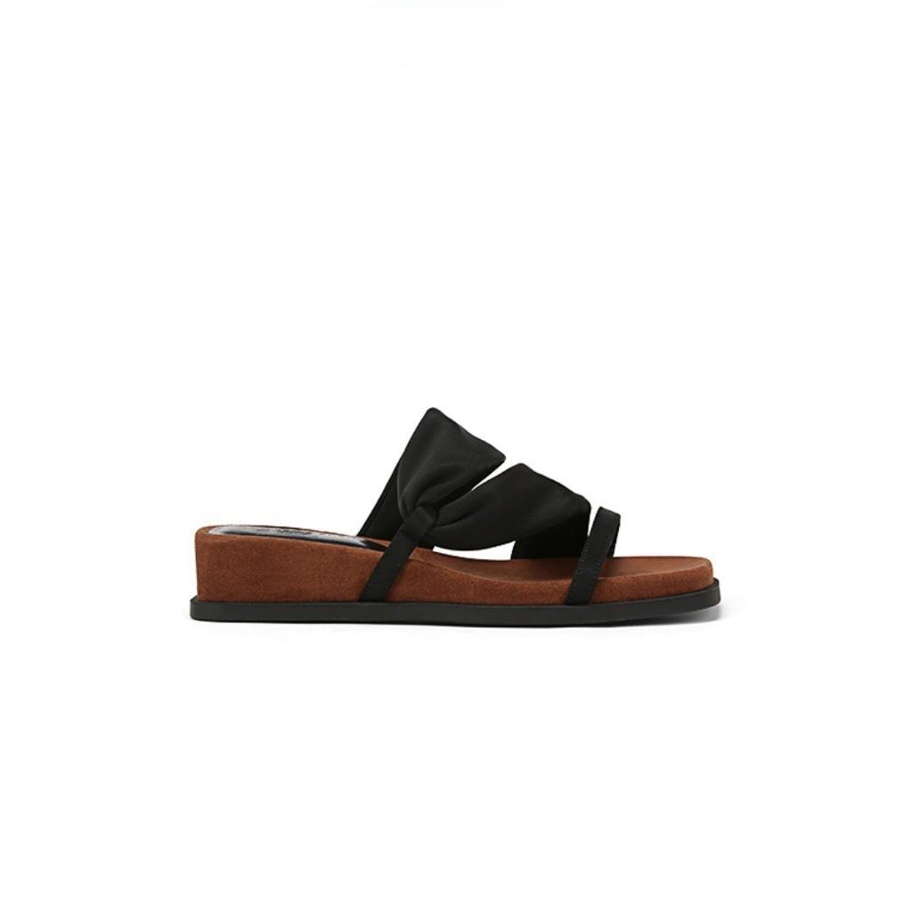 Sheepskin version of genuine leather two wear French wedge heel retro one-word slippers women's summer wear temperament high heels cool slippers