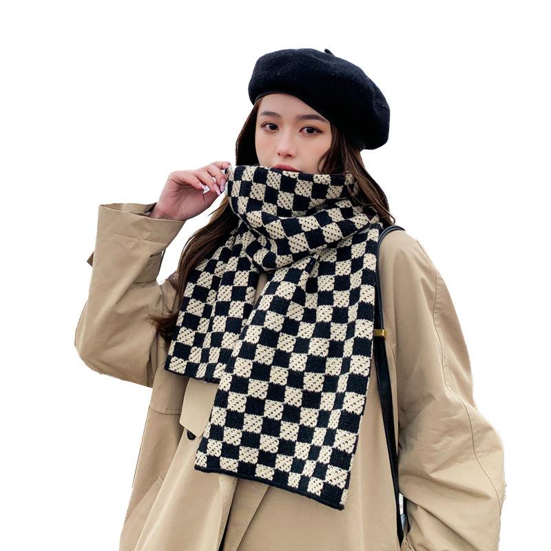 New knitted checkerboard plaid scarf women's autumn and winter Korean version thickened warm versatile wool student scarf