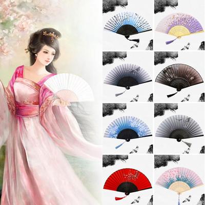 Silk Chinese Japanese Folding Fan Colorful Tassel Elegent Female Fan Vintage Style Folding Fan Bamboo Hand Fan