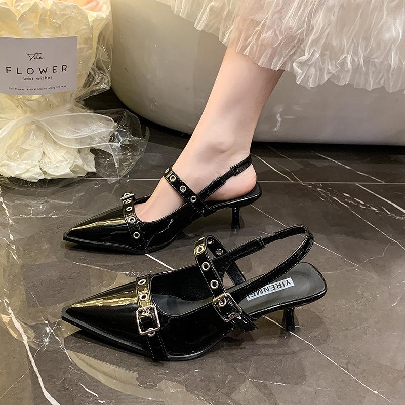 French Bag Head High-heeled Sandals Shallow Spring New Rear Empty Thin Heel Temperament Socialite Pointed Single Shoes Women's Shoes