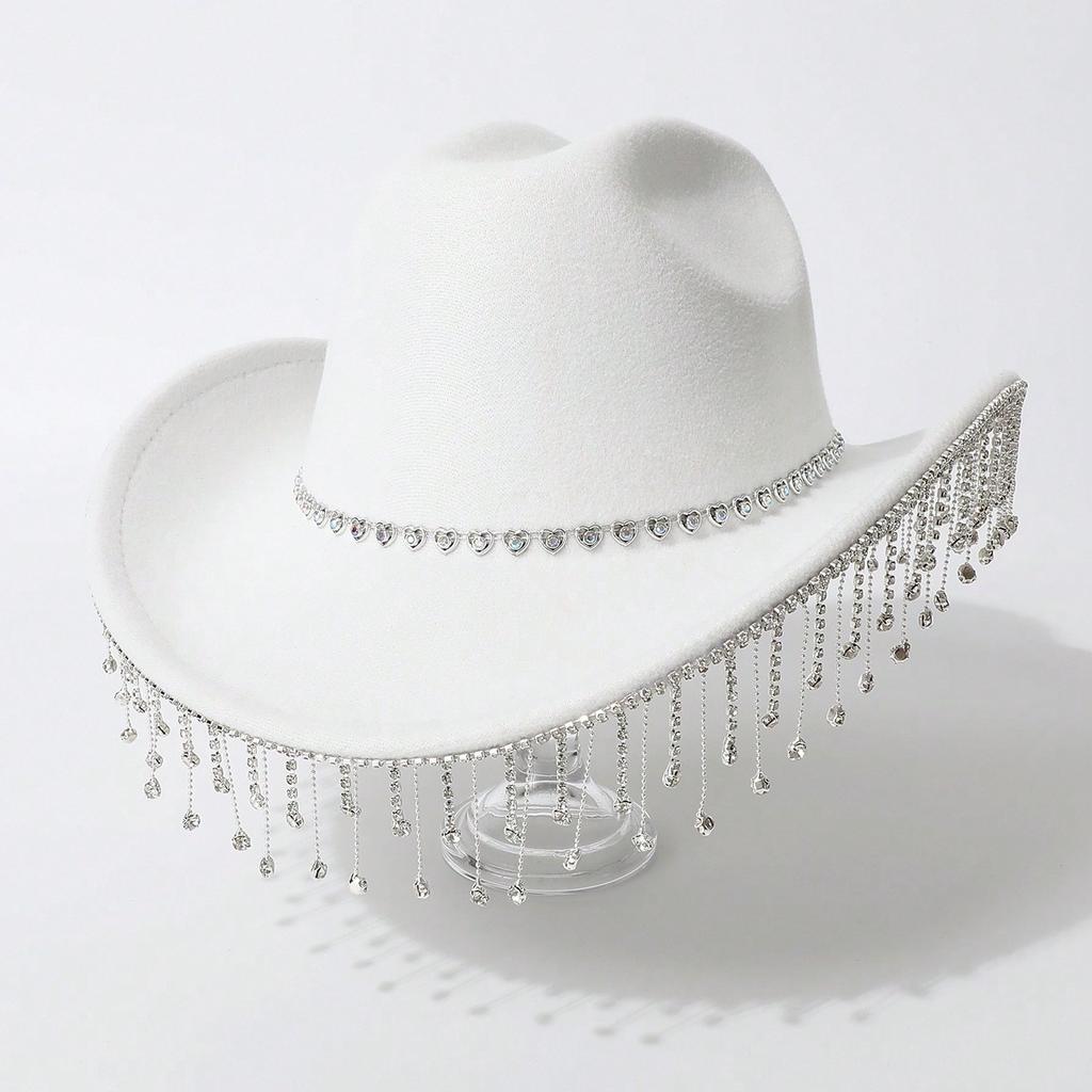 Women's Gender-neutral Western Cowboy Hat, Water Drop Gem Medium Chain with Rhinestone Tassel European and American Hats, Bridal Top Hats